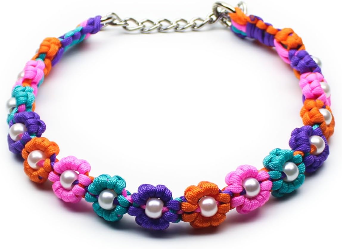 Cute Handmade Paracord Dog Collar – Unique Hand-Braided Colorful Flower Design Pet Accessory for Medium Large Dogs Fit 22-26" Size L