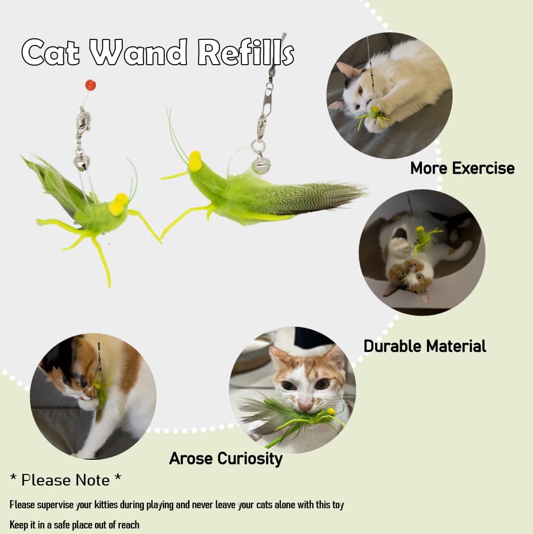 Cat Insect Feather Toys Replacement - 2 Pcs Handmade Natural Grasshopper - Cat Toy Wand Refills - Interactive Kitten Teaser Wand Attachments - Cat Toys for Indoor Cats Play