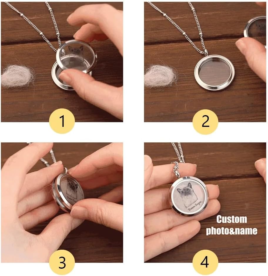 Personalized Pet Urn Fur Necklace - Stainless Steel Pet Ashes Necklace for Dog, Cat - Custom Name Photo Memorial Keepsake