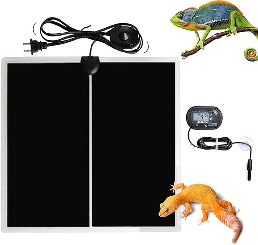 MQ Reptile Terrarium Heat Pad with LCD Digital Aquarium Thermometer, 11 x 11in Power Adjustment Under Tank Heater Mat for Pets, Small Animals, Seedling, 14W