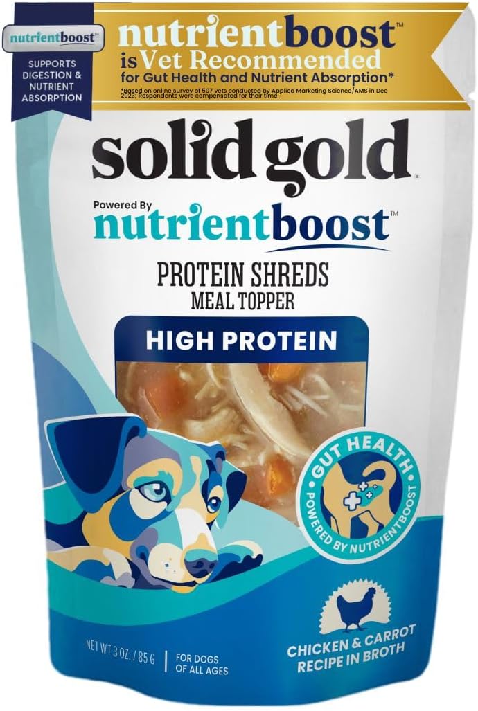 Solid Gold Protein Shreds Dog Food Topper for Dry Food- High Protein Meal Toppers for Dogs w/Chicken Shreds, Broth, Carrots & Superfoods to Supports Muscle Growth, Gut Health & Immunity -12 Pouches