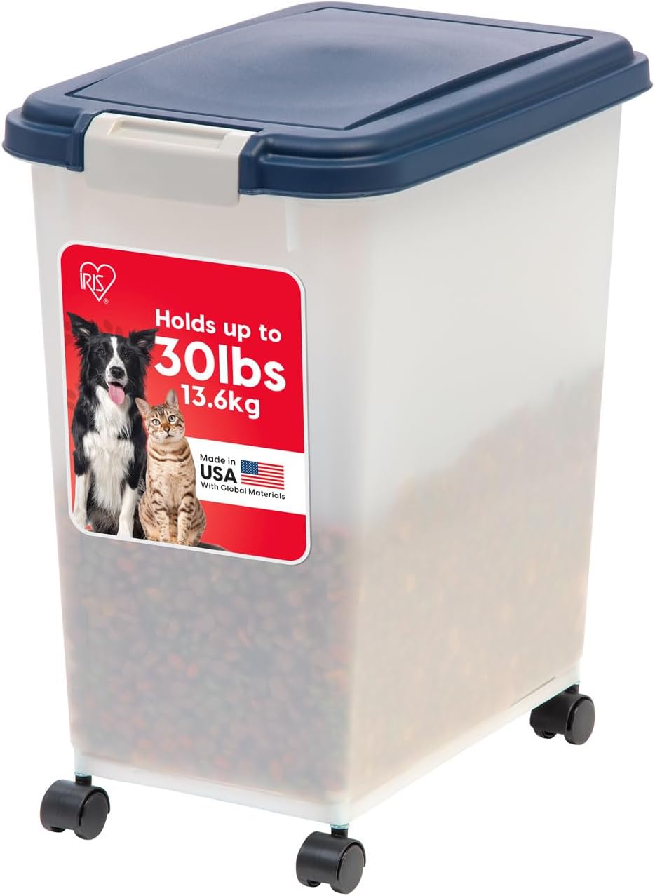 IRIS USA Airtight Dog Food Storage Container, Up to 30 lbs, Attachable Wheels, for Dog Cat Bird and other Pet Food Storage Bin, Keep Fresh, Easy Mobility, BPA Free, Navy/Pearl