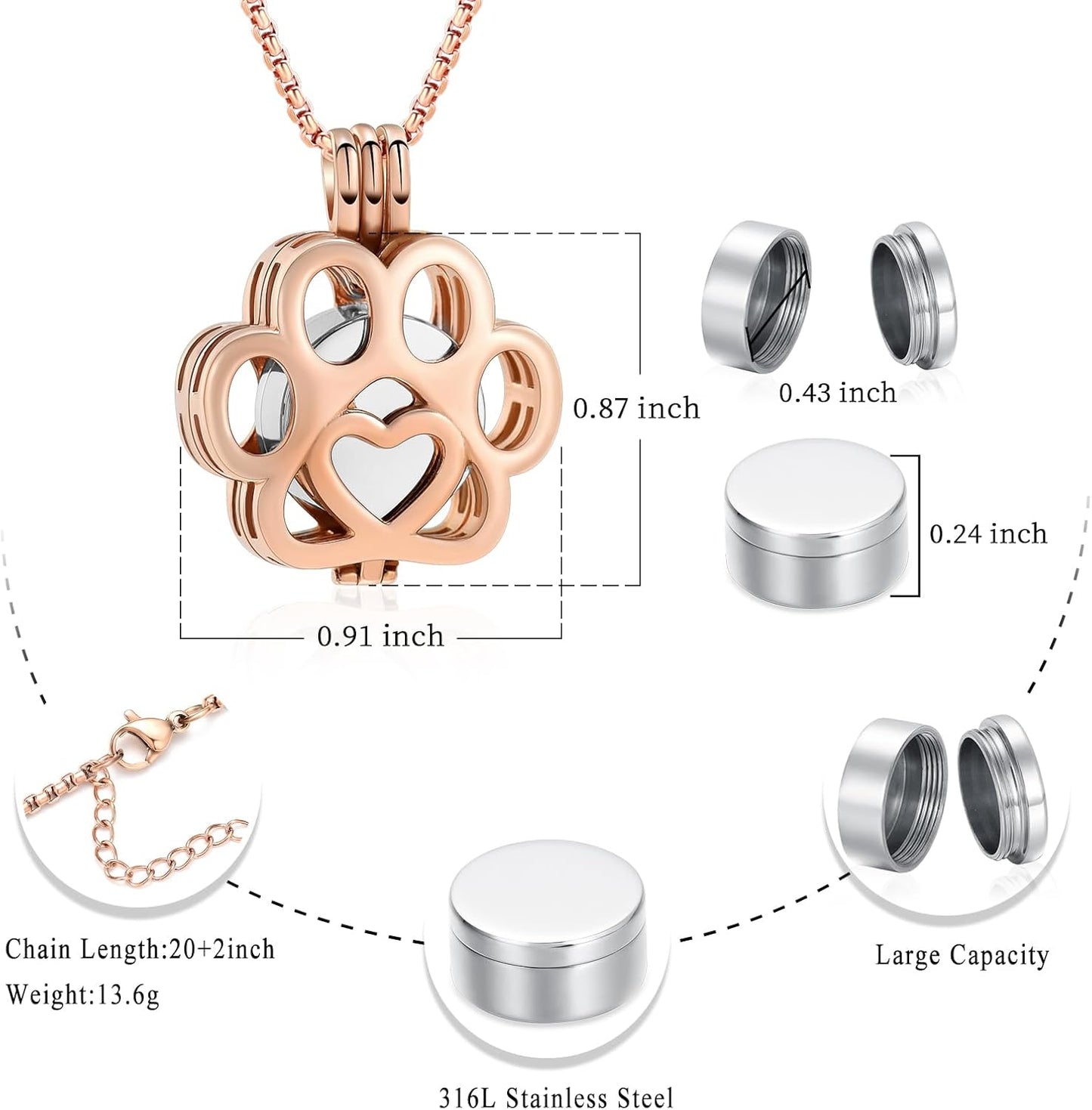 Oinsi Pet Cremation Jewelry For Ashes For Dog/Cat Paw Stainless Steel Memorial Locket Urn Necklace Inside Mini Case Keepsake Cremation Jewelry Women Men