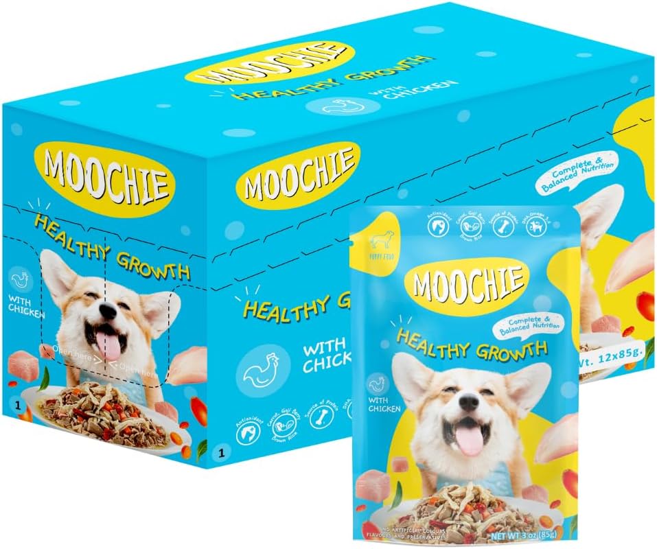 MOOCHIE Soft Puppy Wet Dog Food - Healthy Growth - Real Chicken, Beef, Vegetables & Rice - No Artificial Flavors or Preservative - 12 x 3 oz Pouch