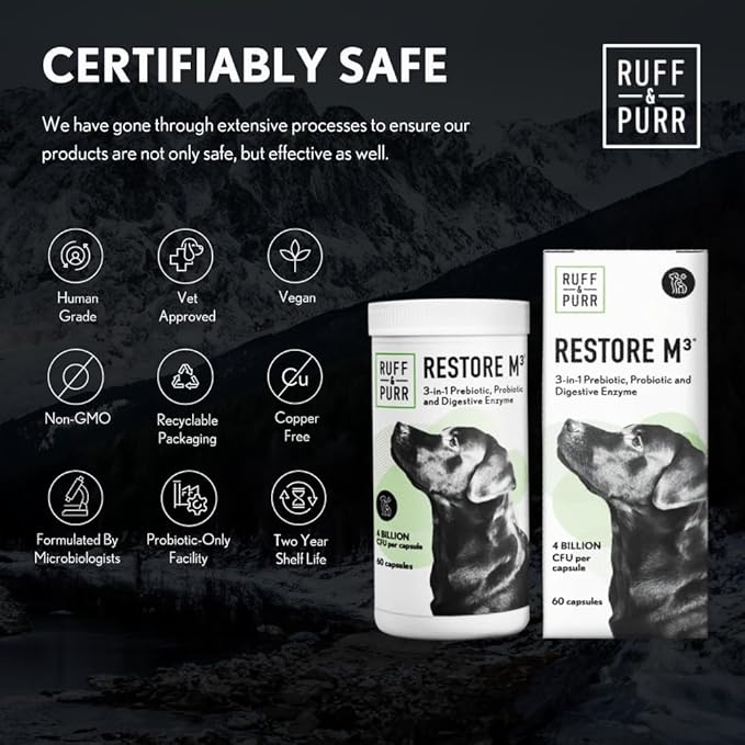 Ruff & Purr Probiotics for Dogs – 3-in-1 Probiotics, Prebiotics and Digestive Enzymes for Gut Health, Immune Support, Healthy Skin and Coat – Clinically Studied DE111 & PreforPro