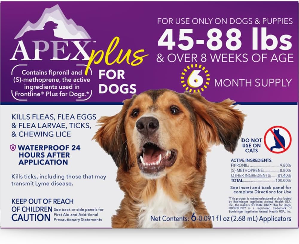 Apex Plus Flea and Tick Prevention for Dogs | Large (45-88 lbs) | 6-Month Supply | Dog Flea and Tick Treatment | 24-Hour Activation, Waterproof, 30-Day Protection
