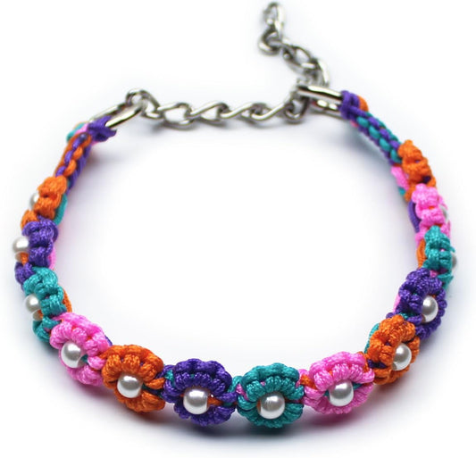 Cute Handmade Paracord Dog Collar – Unique Hand-Braided Colorful Flower Design Pet Accessory for Medium Dogs Fit 14-18" Size M