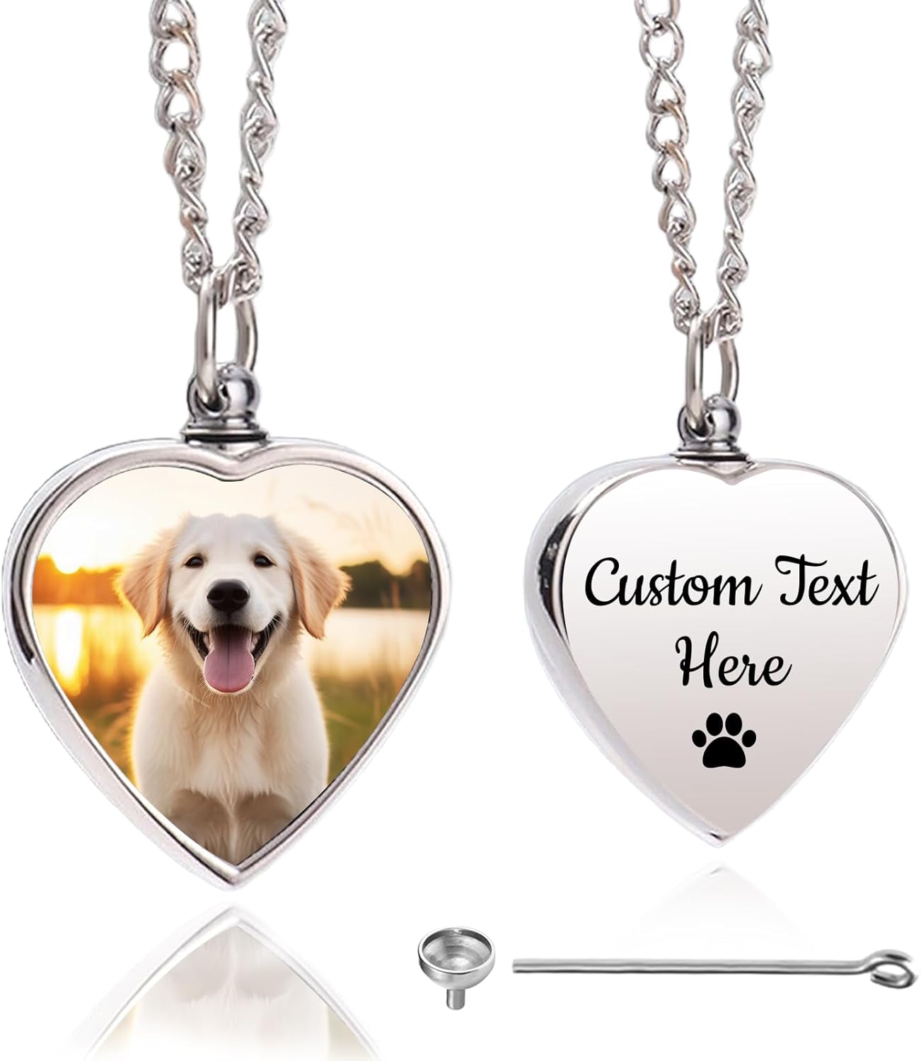 Personalized Pet Urn Necklace for Dog Ashes Custom Engraving Photo Text Pet Cremation Jewelry Customize Memorial Gift for Pet Dog Cat Ashes Necklace (01-Heart)