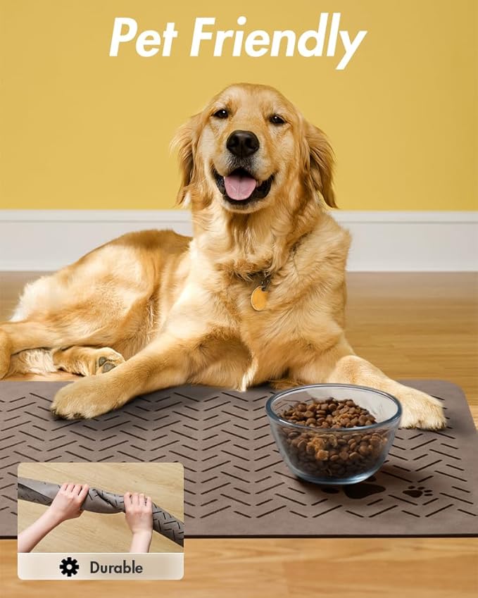 MontVoo-Absorbent Pet Feeding Mat-No Stains Quick Dry Dog Mat for Food and Water Bowl-Rubber Backing Dispenser Mat Accessories Supplies-Dog Bowl Messy Drinkers,Brown