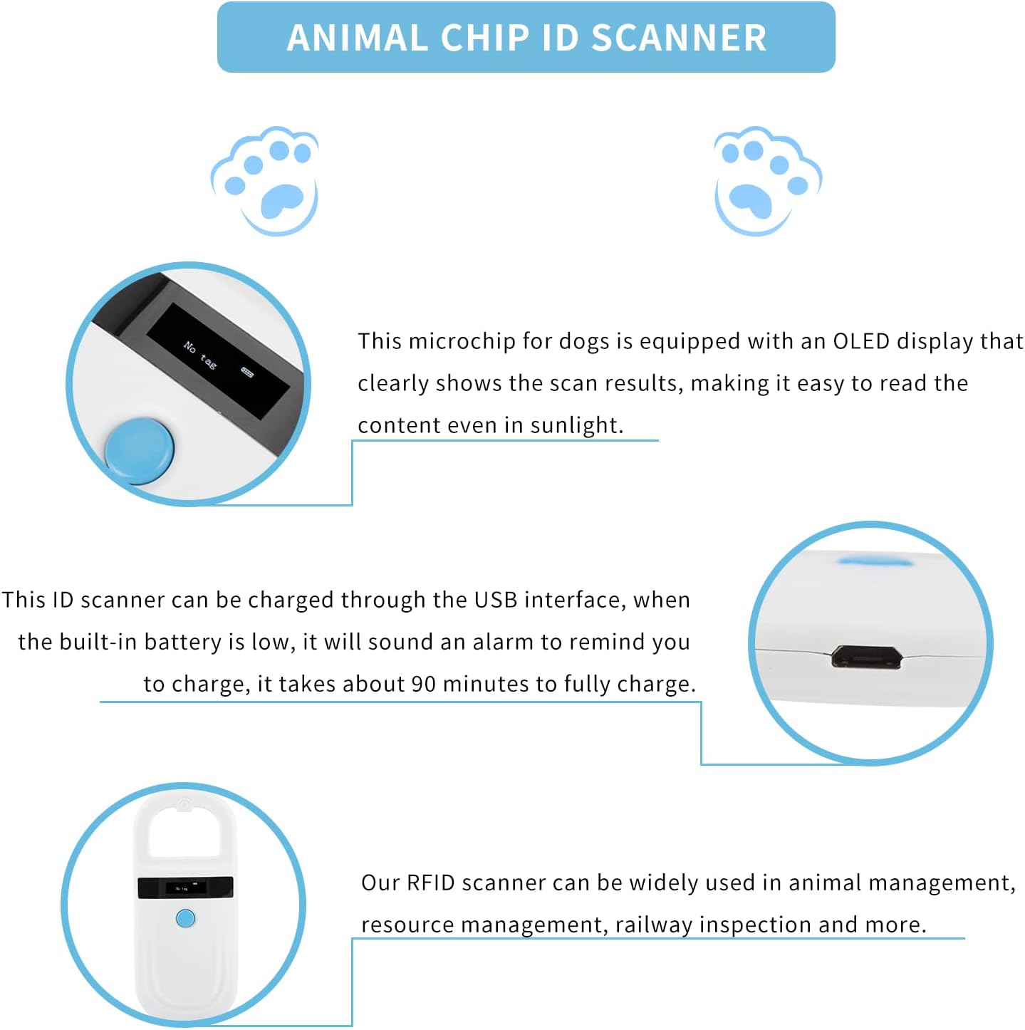 Gugxiom Pet Microchip Scanner, 134.2Khz/125Khz Pet Microchip Reader with OLED Display, Low Battery Alarm Animal Chip ID Scanner for FDX B(ISO11784/11785) and EMID microchips