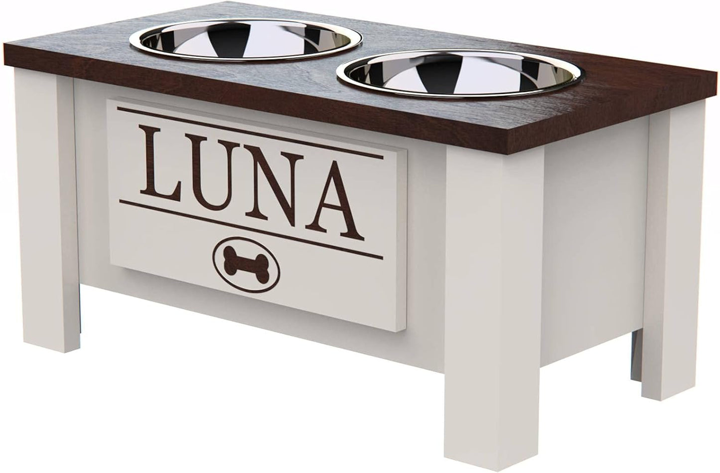 GrooveThis Woodshop - Personalized Elevated Dog Bowl Stand for Large, Medium, Small, X-Small Dogs - Stainless Steel Food and Water Bowls - Raised Dog Dish with Internal Storage (Medium, Dark Walnut)