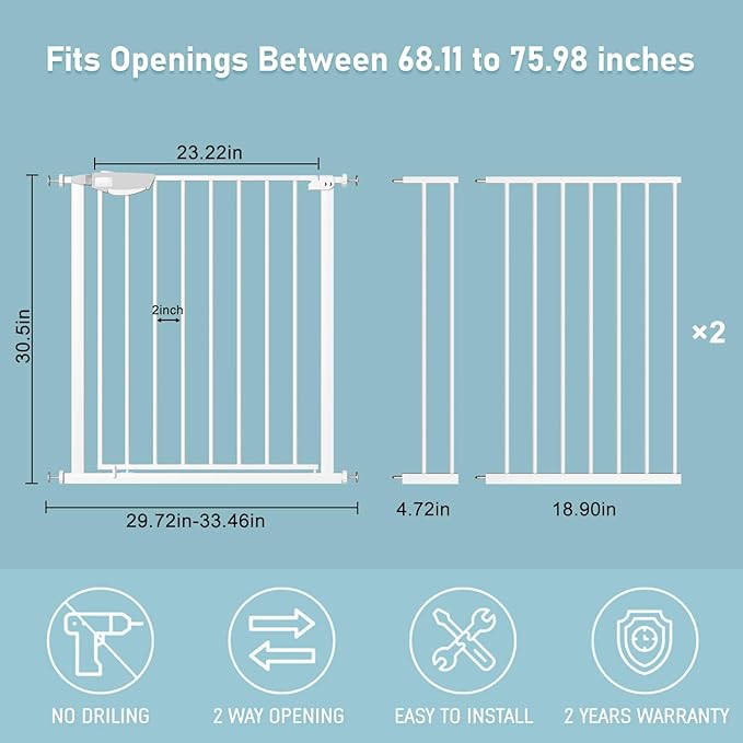 WAOWAO Triple Lock 68.11-75.98" Baby Gate Extra Wide Pressure Mounted Walk Through Swing Auto Close Safety White Metal Dog Pet Puppy for Stairs,Doorways,Kitchen