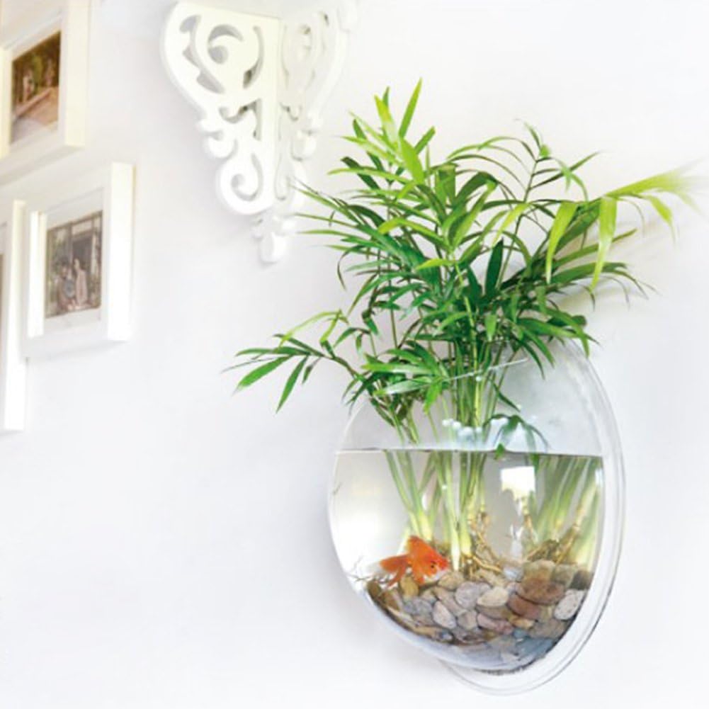 Hanging Wall Mounted Fish Bowl Betta Tank Aquarium Wall Decor Plant Fish Bubble - Clear (Medium)