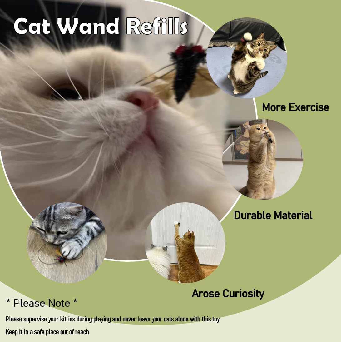 Cat Insect Feather Toys Replacement - 2 Pcs Handmade Natural Flies - Cat Toy Wand Refills - Interactive Kitten Teaser Wand Attachments - Cat Toys for Indoor Cats Play