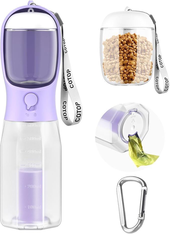 20oz Dog Water Bottle with Food Container & Poop Bag Dispenser | Leak-Proof Portable Pet Water Dispenser with Carabiner Clip | for Walking, Hiking, Travel