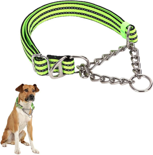 Martingale Dog Collar with Stainless Steel Chain,No Pull Slip Cinch Choker Choke Collar Training Escape Proof Heavy Duty Dog Collar for Small Medium Large Pet Boy Male Dogs,Green XL