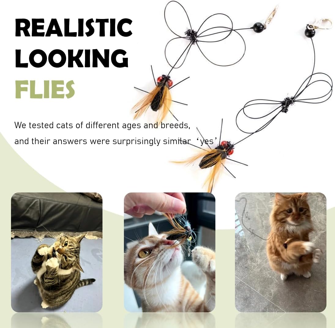 Cat Insect Feather Toys Replacement - 2 Pcs Handmade Natural Flies - Cat Toy Wand Refills - Interactive Kitten Teaser Wand Attachments - Cat Toys for Indoor Cats Play