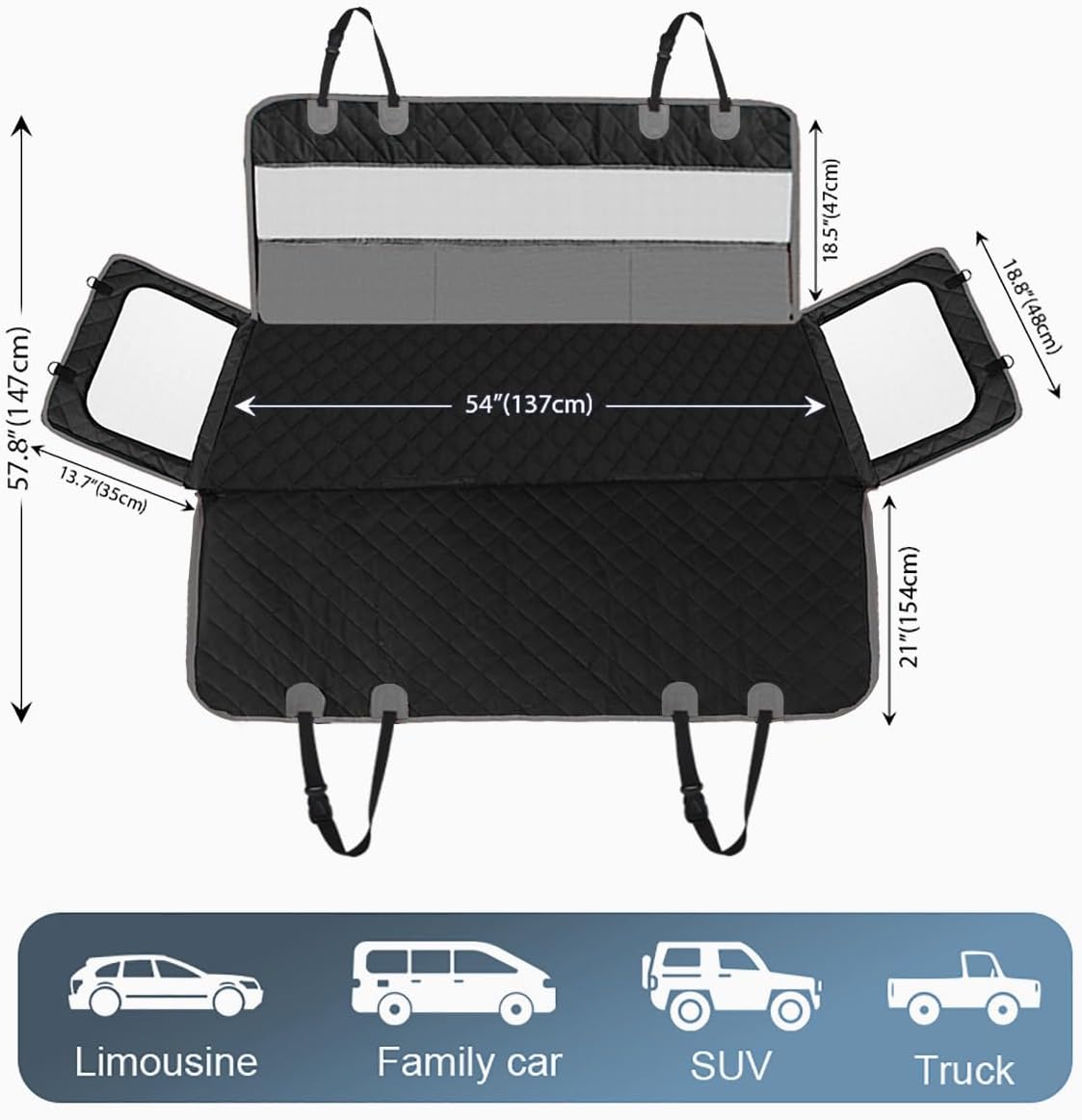 Dog Car Seat Cover, 4-Layer Waterproof Back Seat Protector with Mesh Windows,3 Accessories Pockets Nonslip Pet Hammock Style for Cars Trucks SUVs, Include 1 Dog Safety Belt (Black-Grey)