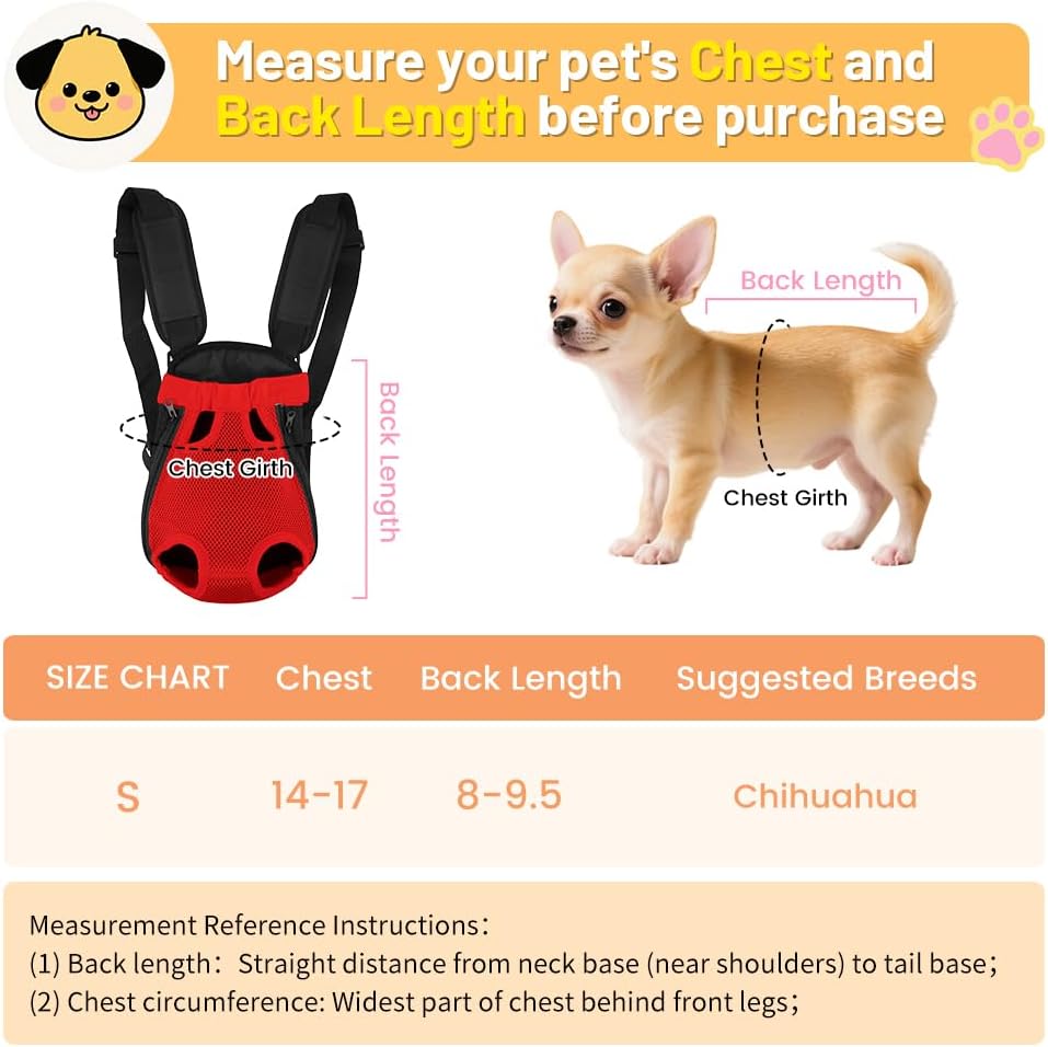 Inspack Dog Backpack Carrier/Cat Carrier, Adjustable Pet Front Carriers Travel Bag for Puppy Medium Dogs, Legs Out, Soft Ventilated Doggie Chest Carry Backpacks for Hiking/Camping, 2.5-4 lbs, Red