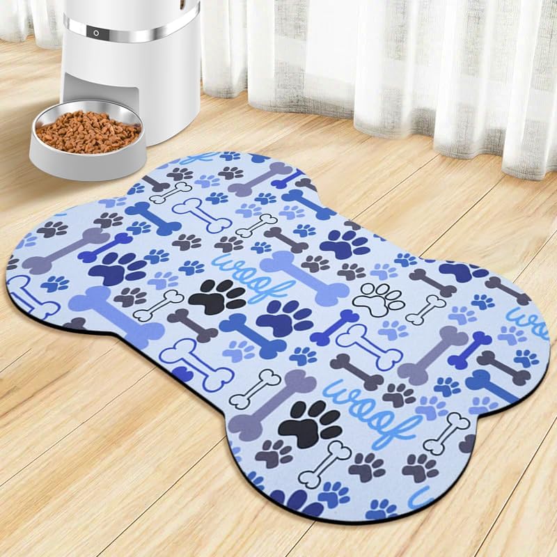 Dog Food Mats for Floors Waterproof, Pet Feeding Absorbent Water Bowl Mat Cat Placemats Blue Bone Shape 25.5 * 17 inch