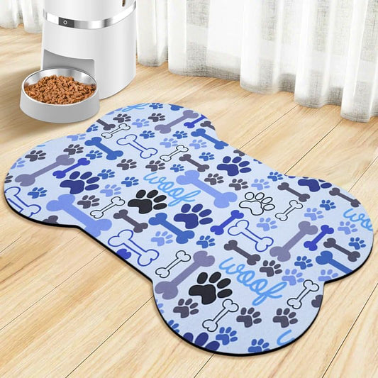 Dog Food Mats for Floors Waterproof, Pet Feeding Absorbent Water Bowl Mat Cat Placemats Blue Bone Shape 25.5 * 17 inch