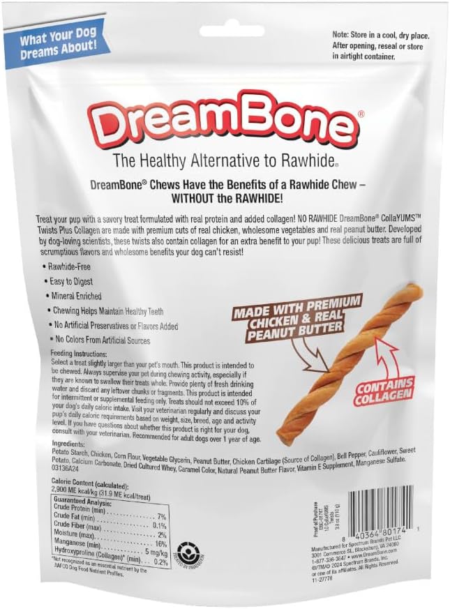 DreamBone CollaYUMS Twists Plus Collagen Chews for Dogs, 10 Count, Treat Your Dog to Rawhide-Free Chews Made with Chicken, Vegetables and Peanut Butter