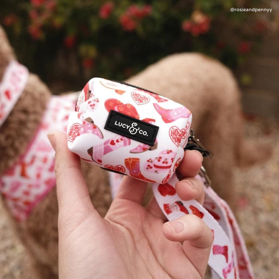 Lucy & Co. Dog Poop Bag Holder - Leak Proof Dispenser with Leash Attachment - Easy Refills - Hygienic Pet Poop Pickup - Pink Orange Western