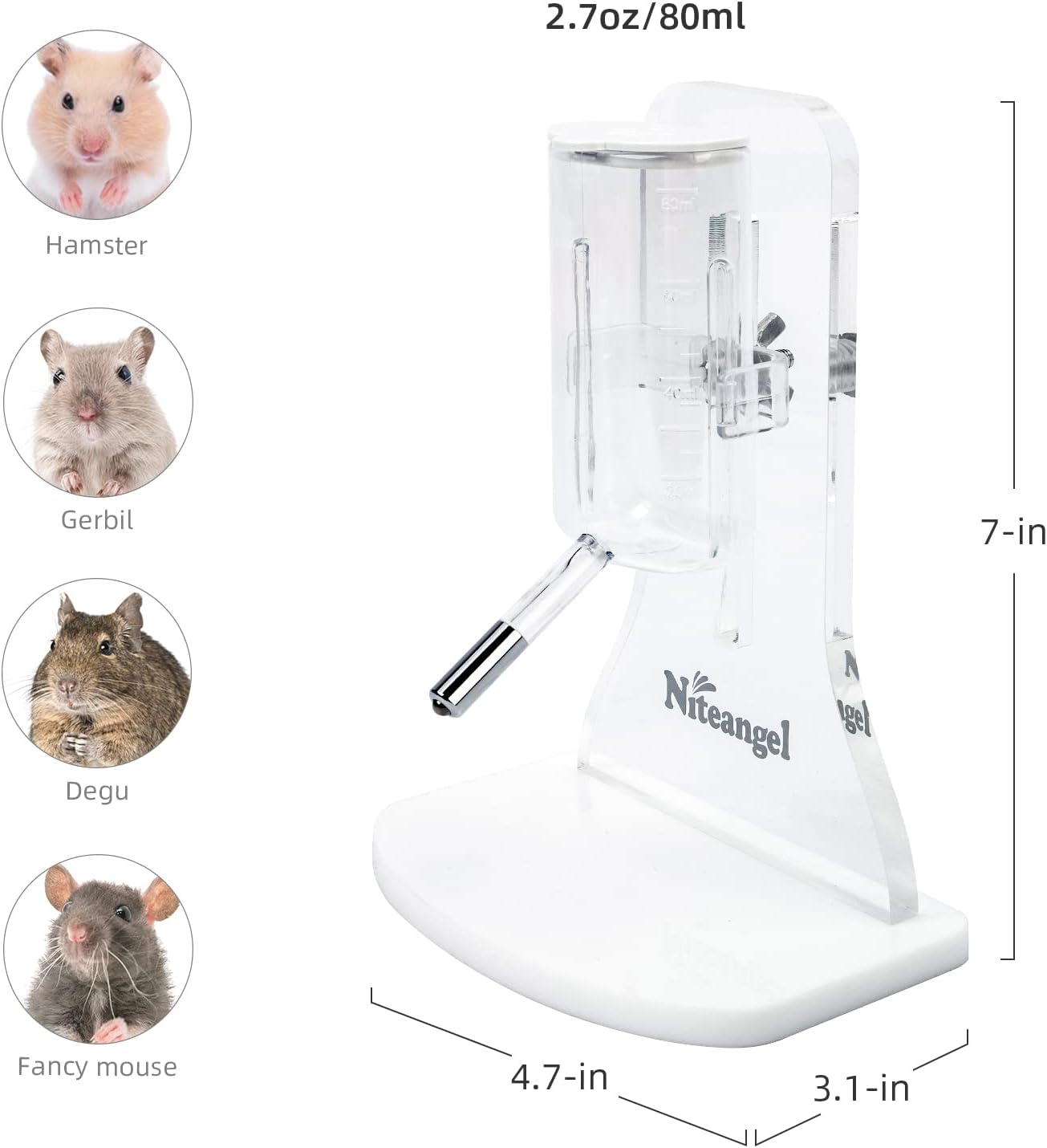 Niteangel 80ml Hamster Water Bottle with Stand No Drip Gerbil Water Feeder Dispenser for Hamster Gerbils Mice Degus Lemming Hedgehog Small-Sized Pet