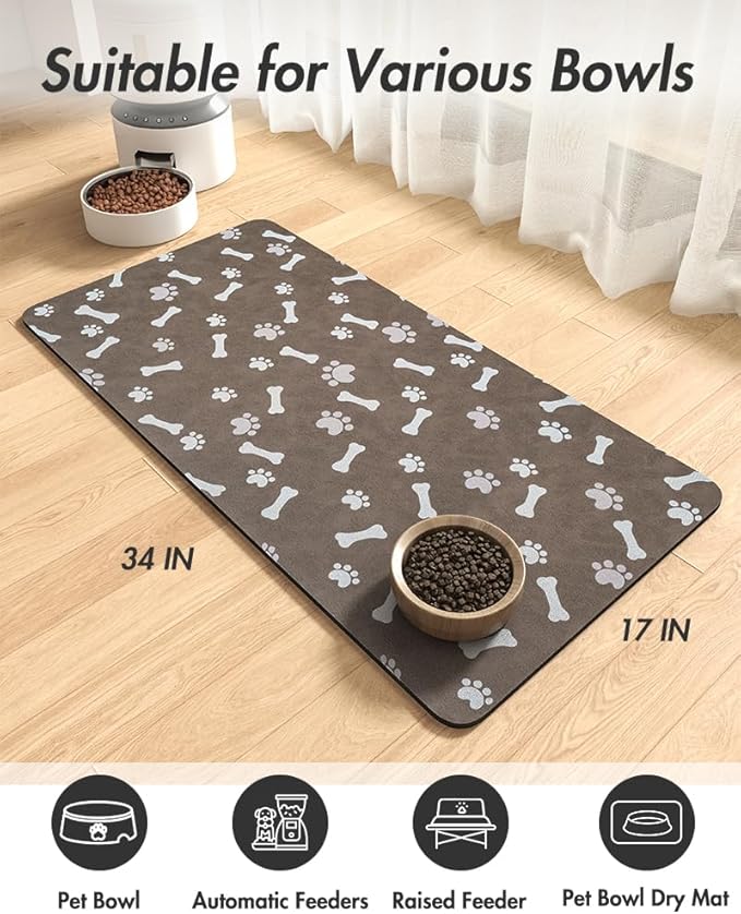 MontVoo Dog Food Mat-Pet Feeding Mat for Food and Water-No Stains Quick Dry Dispenser Cat Bowl Mat for Messy Drinkers(17"x34" Brown)