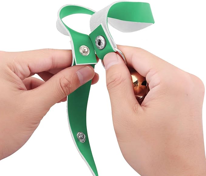 Leather Dog Doorbells for Door Knob/Potty Training/Go Outside, Length Adjustment Copper Dog Bell, Housetraining Hanging Bell, Green Leather Golden Bells.