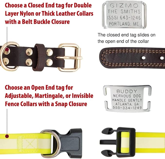 Dog Tag for Leather Collar - Boomerang Tags, Dog Tags for Thick Collars, Slide-on Engraved Pet ID Tag (Closed End Medium for 3/4 Inch Wide, Thick Nylon or Leather Collars with Belt Buckle)