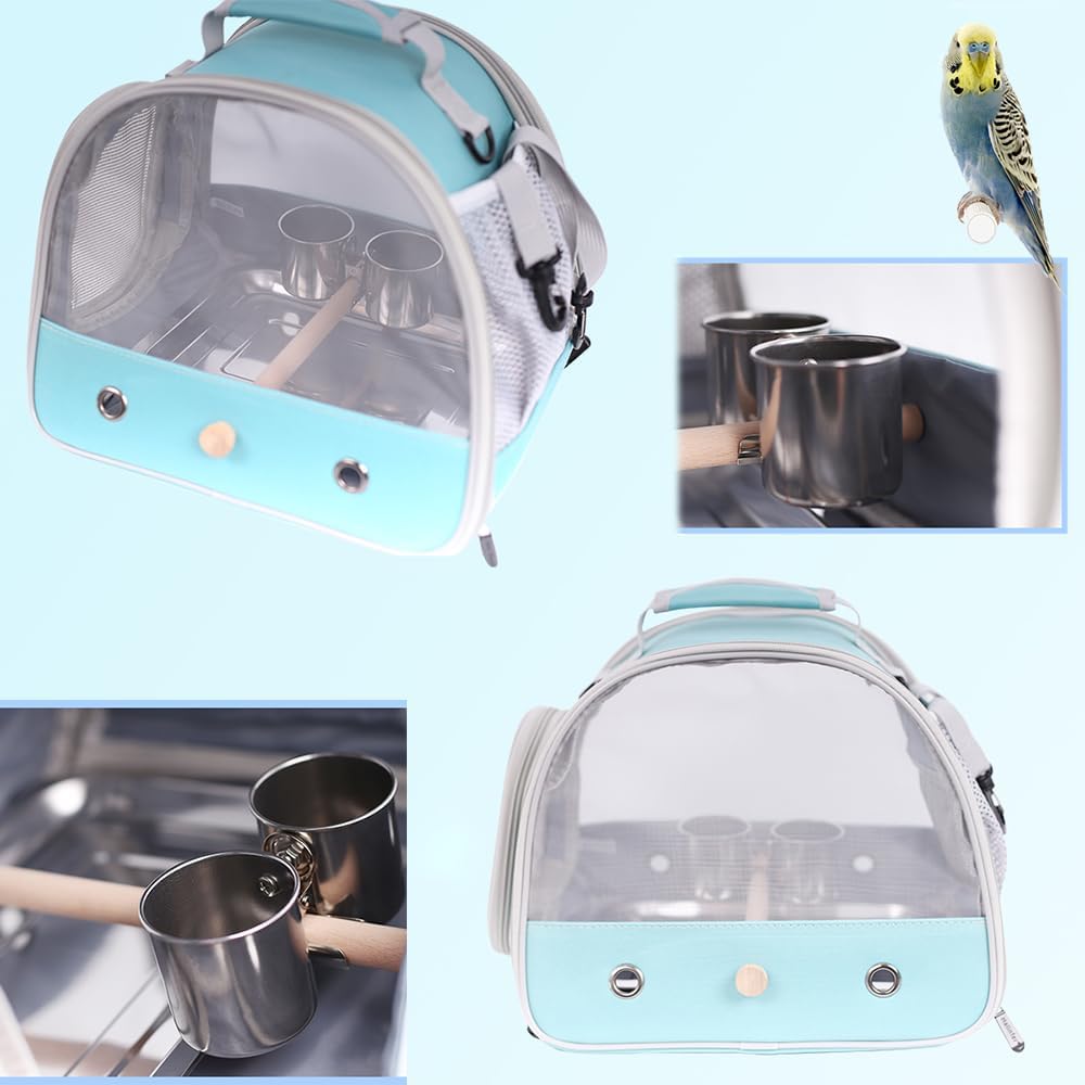 Bird Feeder Cups with Clamp Mount on Standing Perch, 2 Stainless Steel Cups for Food and Water, Compatible for halinfer's All Bird Carrier and Backpack Wooden and Rope Perch