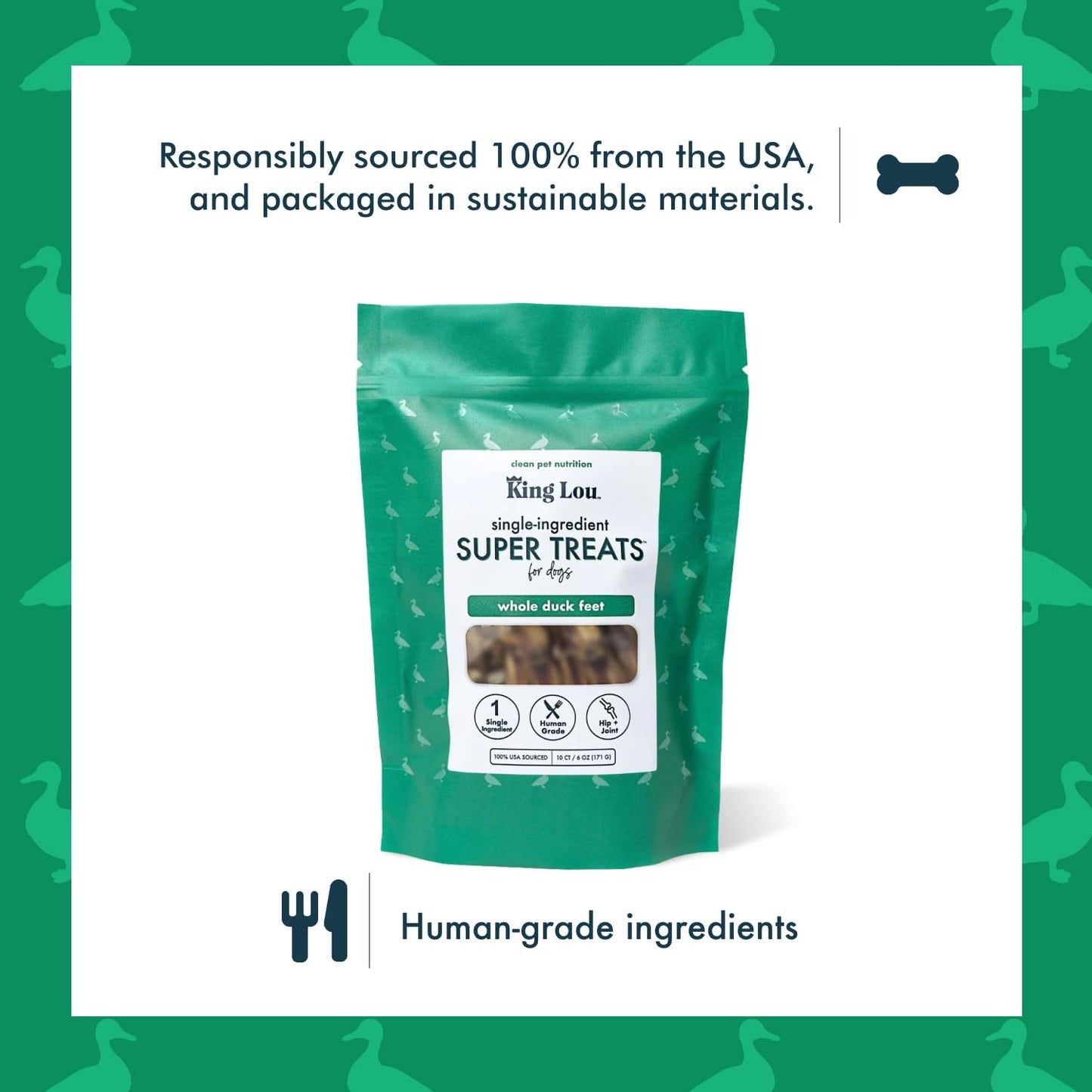 King Lou Pets - Whole Duck Feet for Dogs - Dehydrated Duck Dog Treats - USA-Made Dental Treats for Dogs - Collagen, Glucosamine, Chondroitin for Hip and Joint Health - 10 Count