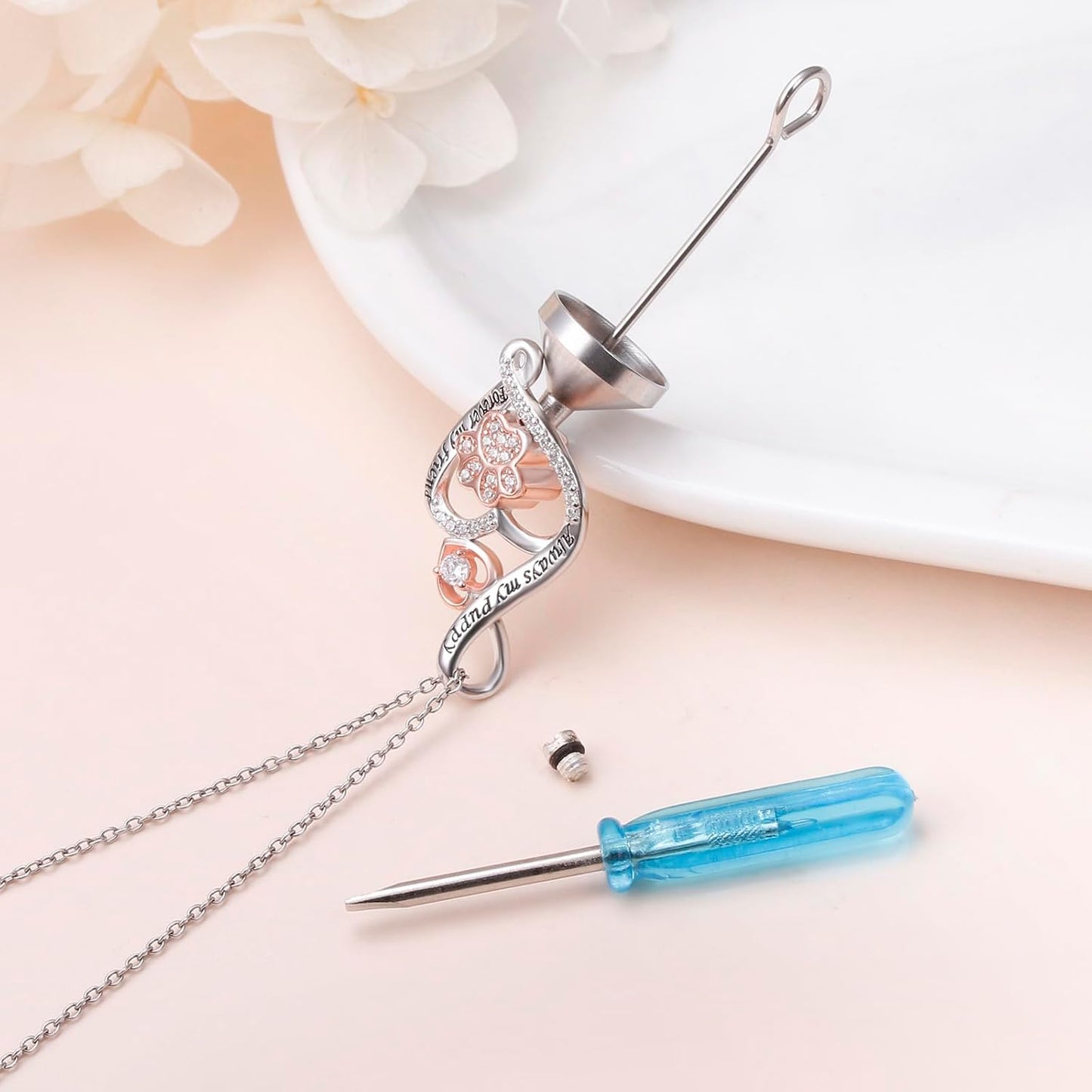 DAOCHONG 925 Sterling Silver Pet Urn Necklace Paw Print Memorial Ash Jewelry with Filling Kit