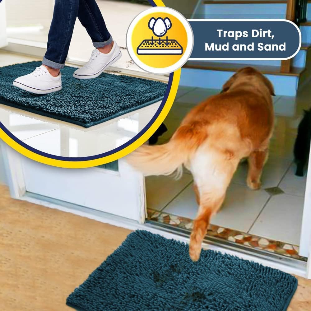 Muddy Mat® Pack of 3 Highly Absorbent Microfiber Dog Door Mat and Pet Rug, Non Slip Thick Washable Area Mat Soft Chenille for Kitchen Bathroom Bedroom and Outdoor - Atlantic Blue Small, Medium & Large