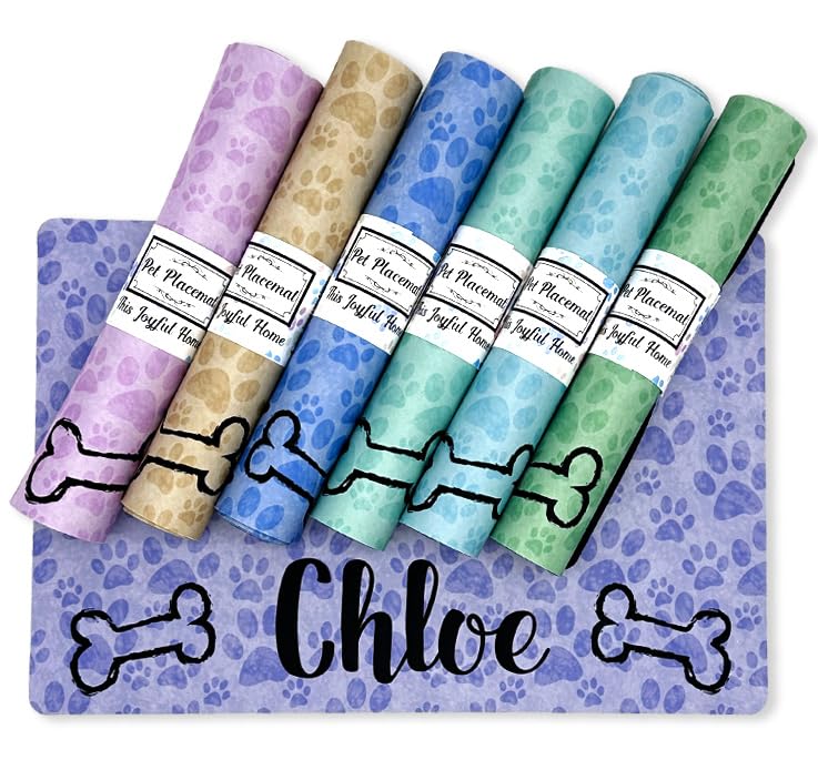 Personalized Dog Bowl Mats for floors - Custom Pet Placemat for your pet food bowl and water dish, small pet food mat or large food mat for big dogs, Washable - Made in the USA