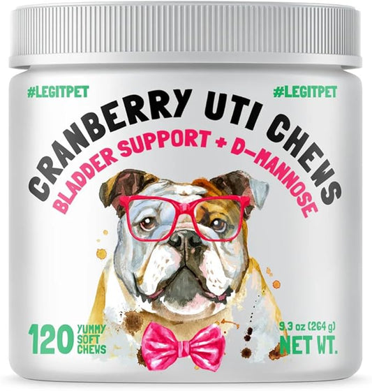 Cranberry UTI Chews for Dogs Bladder Support + D-Mannose Supports Kidney Urinary Tract and Bladder Health Natural Cranberry Wellness Supplement Immune System Booster Natural Pet Antioxidant 120 Chews