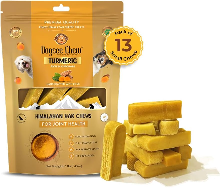 Dogsee Himalayan Yak Cheese with Turmeric 1lb (Small - 13 Pieces) | Rawhide-Free Treats for Small Dogs | Supports Joint Health | Improves Dental Health