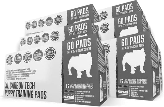 Bulldoglogy Carbon Black Puppy Pee Pads with Adhesive Sticky Tape - Extra Large Charcoal Housebreaking Dog Training Wee Pads (24x35) (360-Count, Black)