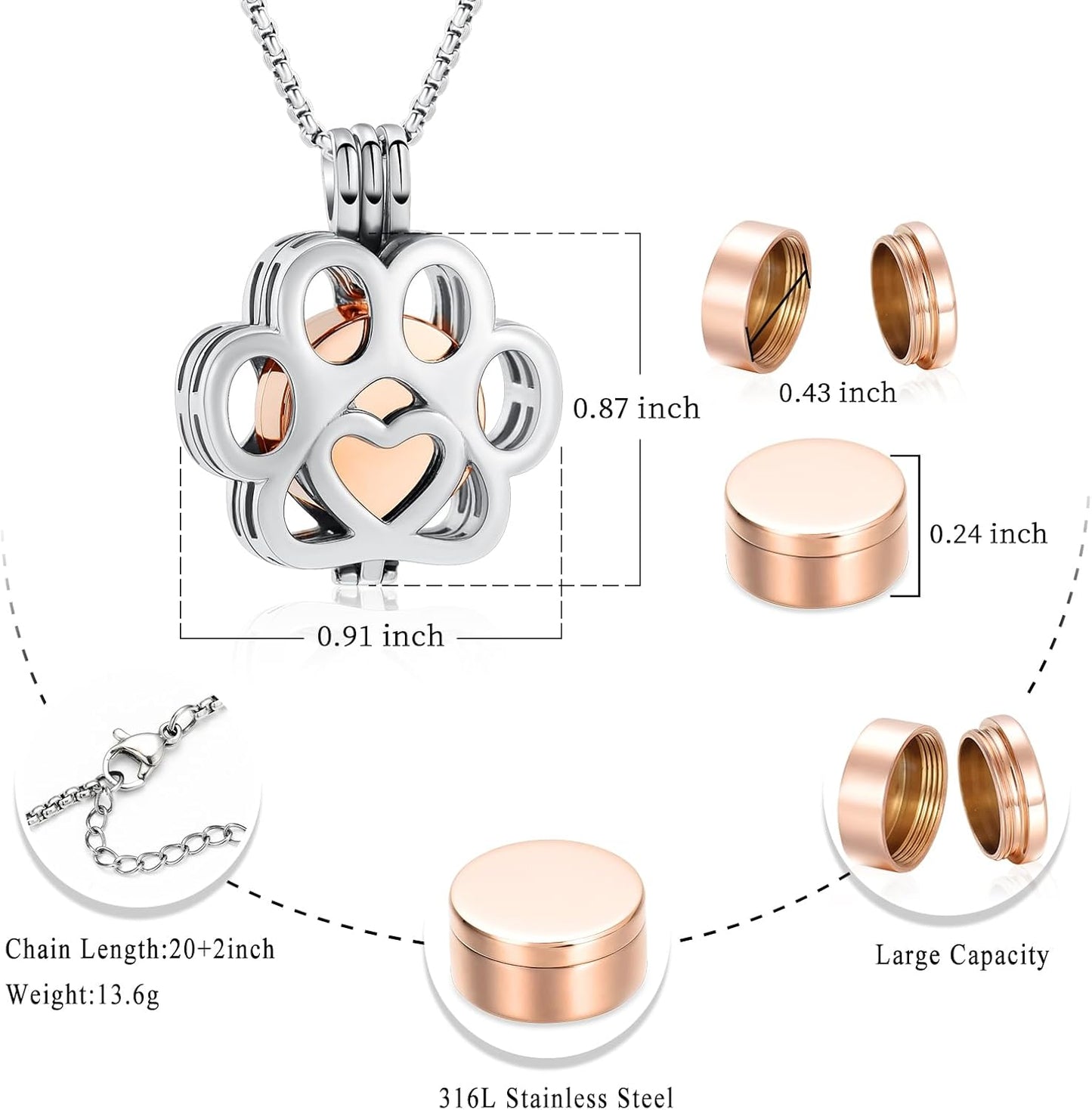 Oinsi Pet Cremation Jewelry For Ashes For Dog/Cat Paw Stainless Steel Memorial Locket Urn Necklace Inside Mini Case Keepsake Cremation Jewelry Women Men