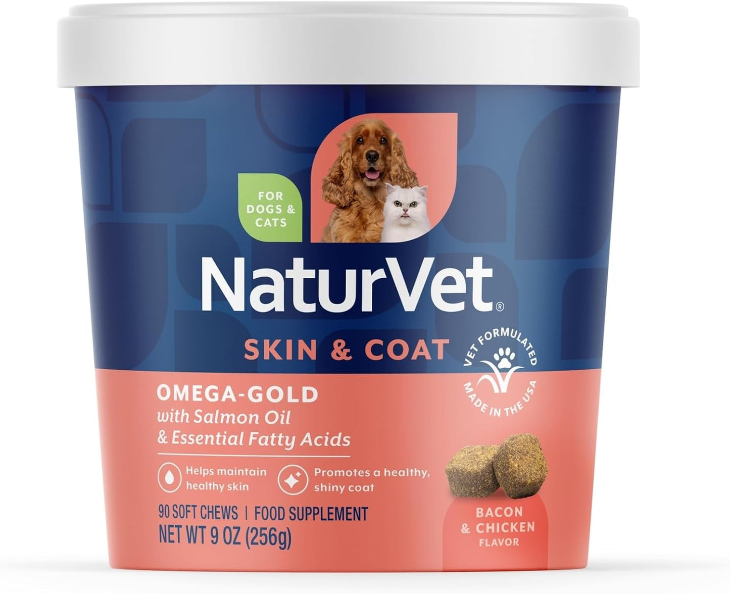 NaturVet – Omega-Gold Plus Salmon Oil | Supports Healthy Skin & Glossy Coat | Enhanced with DHA, EPA, Omega-3 & Omega-6 | for Dogs & Cats | 90 Soft Chews