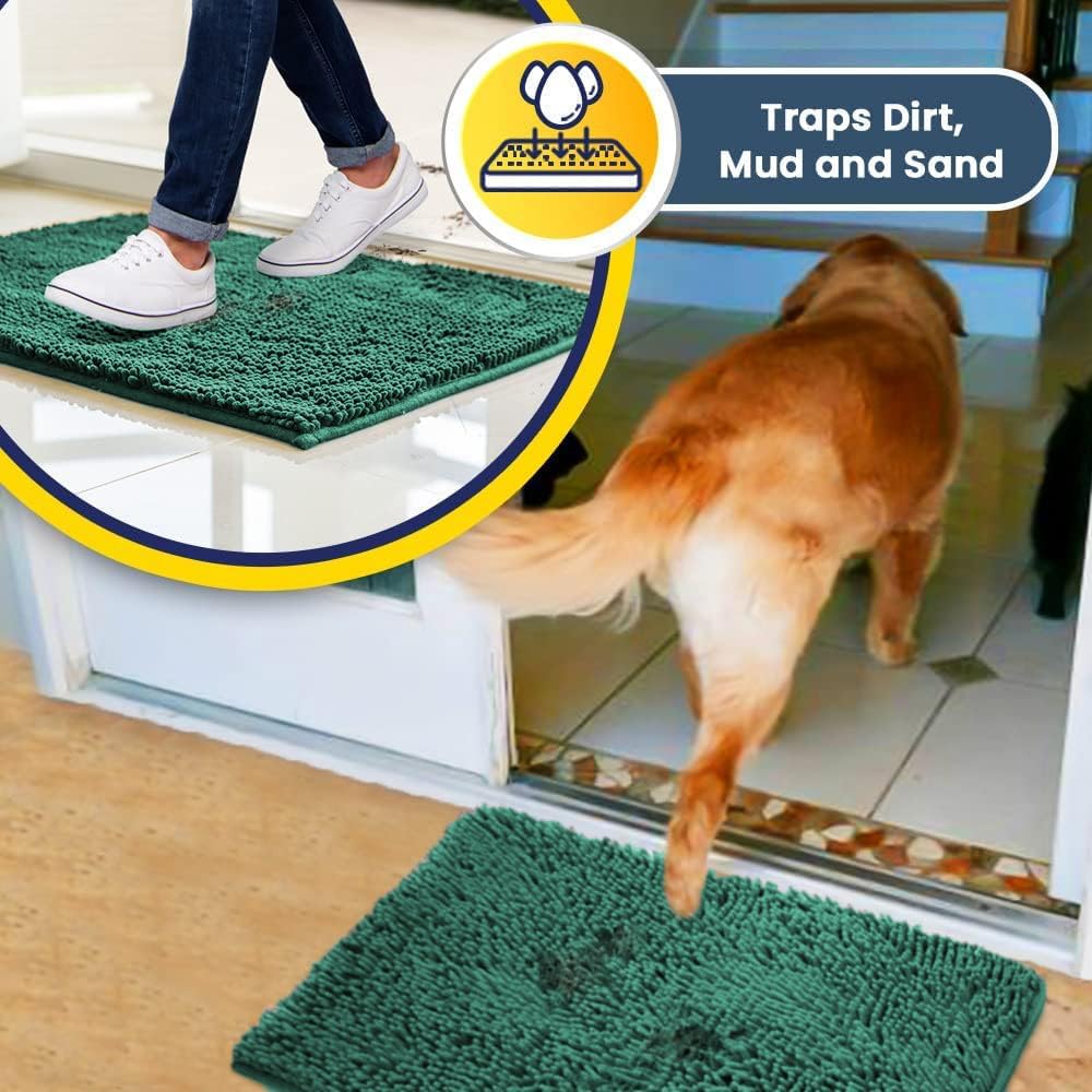 Muddy Mat® Shown on TV – Super Absorbent Microfiber Dog Door Mat for Muddy Paws, Non-Slip Washable Pet Rug, Quick Dry Chenille Entryway Carpet, Machine Washable Indoor Outdoor mat, Dark Green 30"x19"