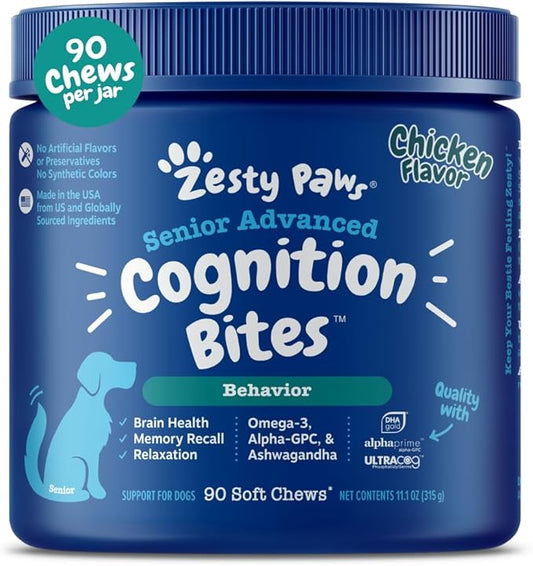 Zesty Paws Advanced Cognition Soft Chews for Dogs - with Omega 3 DHA, Ashwagandha & Alpha GPC - for Senior Dog Brain Health & Nervous System Support - Supplement for Calming & Relaxation - 90 Count