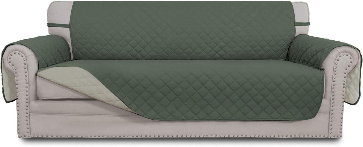 Easy-Going Reversible Oversized Couch Cover for 3 Cushion Couch Sofa Cover for Dogs Water Resistant Furniture Protector Cover with Foam Sticks for Pet (Oversized Sofa, Greyish Green/Beige)