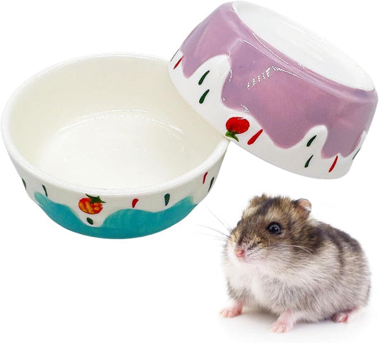2 Pack Hamster Food Bowl Small Animals Ceramic Food Water Bowl Prevent Tipping Moving for Gerbil Chinchilla Hedgehog Rat (Color: Purple + Blue)