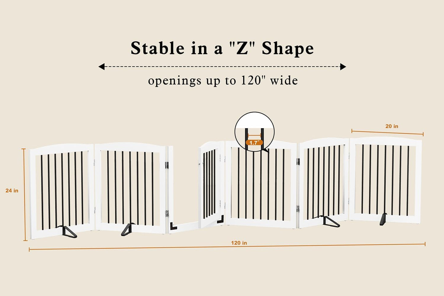 Freestanding Pet Gates with Walk Through Door, Dog Indoor Fence, Dog Gate for The House, Stairs, Extra Wide Pet Gate, Support Feet Included, 120 Inch Wide, 6 Panels 24" Tall, White & Black