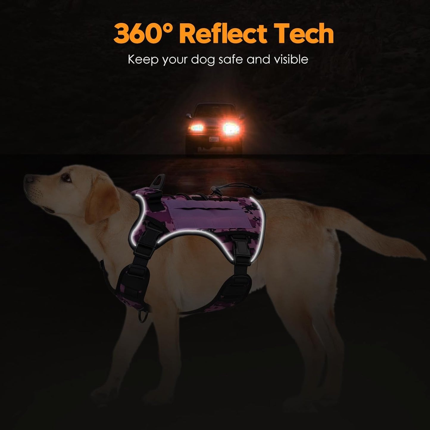 Heavy-Duty Tactical Dog Harness for Large Dogs, No Pull Adjustable Reflective Pet Vest with Molle System, K9 Military-Grade Control for Service Training, Outdoor & 10+ Breeds, Purple Camo, X-Large