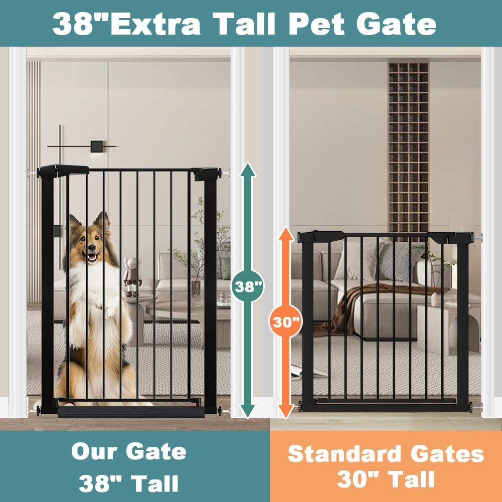 Fairy Baby 38" Extra Tall Dog Gate for Stairs and Doorways, 65.4"-70.8" Extra Wide Pet Gate Indoor, Large Safety Child Gate No Drill, Metal Auto Close Baby Puppy Gate for House Walk Through, Black
