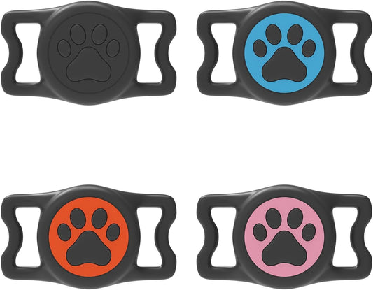 IP68 Waterpoof Dog Air tag Holder, Stretchy Silicone Full Body Covered Apple Air Tag Holder for Dog Cat Collar Fit All Width Collar (Black1/ Black&Orange/Black&Blue/Black&Pink, 4 Pack)