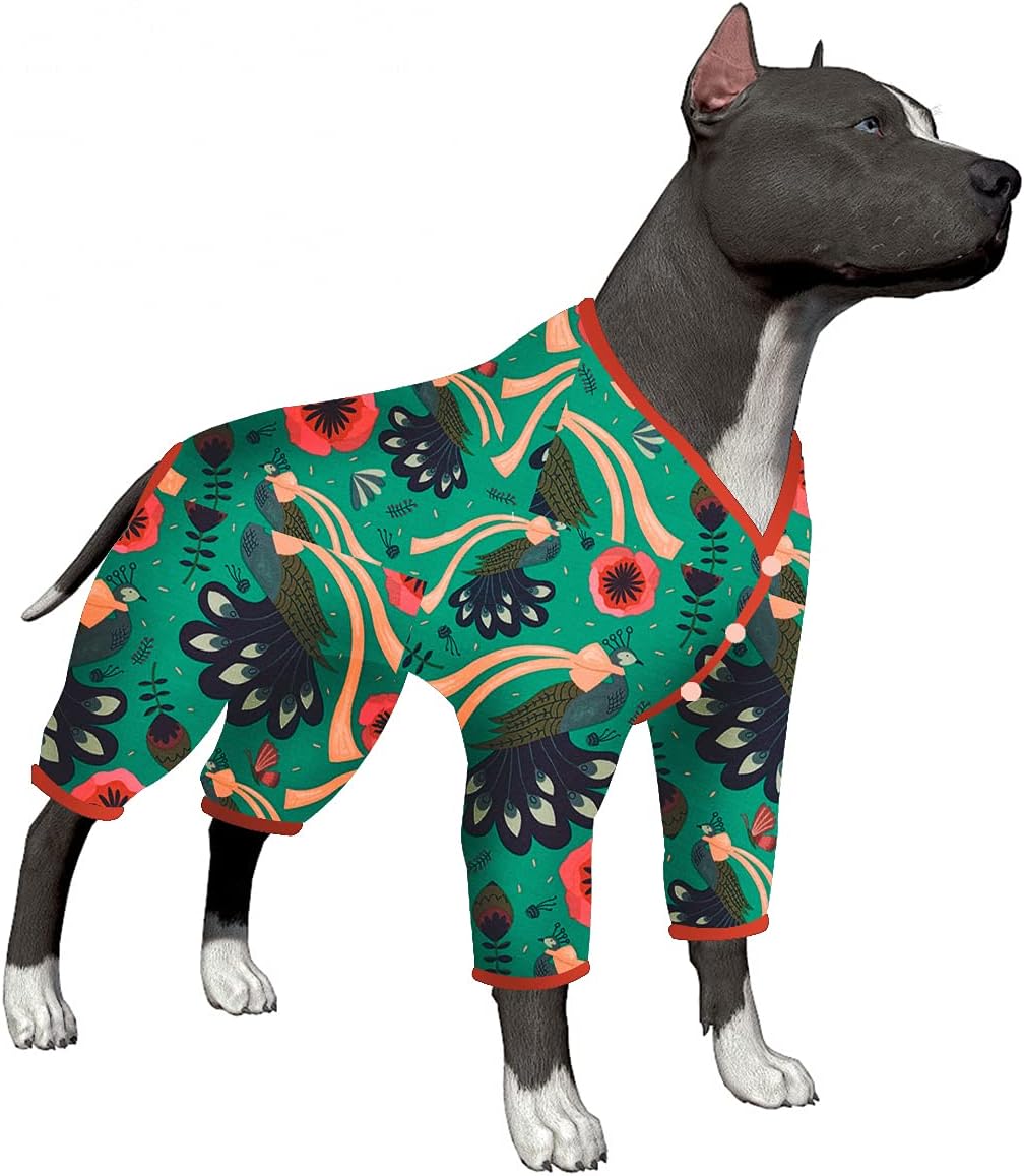 LovinPet Pitbull Dog Pajamas, Pet Anxiety Relief Shirt, UV Protection Dog Clothes, Comfy Lightweight Fabric, Turquoise Peacock Prints, Pet Pajamas for Dogs, Pitbull Clothes, Green L